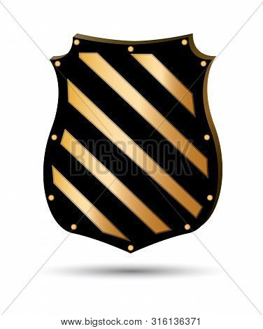 Gold Shield Shape Icons. Golden Emblem Sign Isolated On White Background. Symbol Of Security, Power,
