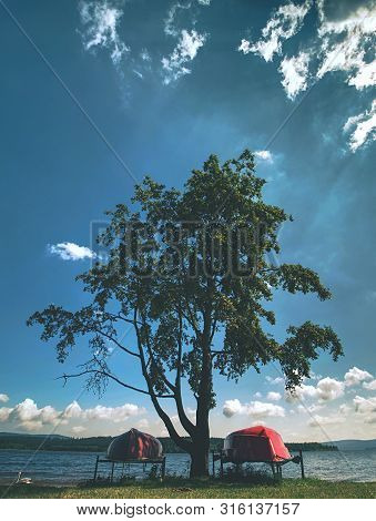 Old Fishing Rowing Boat Stacked Upside Down Under Tree At Large Smooth Water Level Of Lipno Lake. Ca