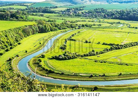 High And Over Side Road View Point Near Seaford, East Sussex, England. View Of Cuckmere River From A