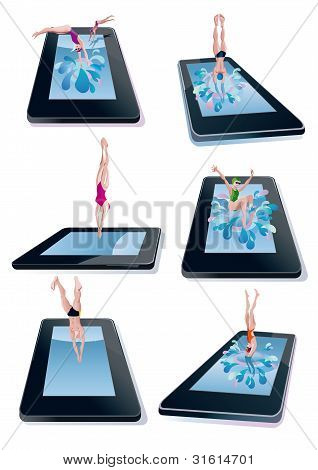 Muži a ženy potápění do digitální Tablet