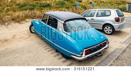 Overveen, Netherlands - Aug 16, 2019: Luxury Vintage Old Blue Citroen D Special Limousine Parked In 