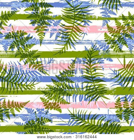 Green Fern Frond Overlapping Pink Blue Stripes Geometric Botanical Seamless Pattern Vector Design. T