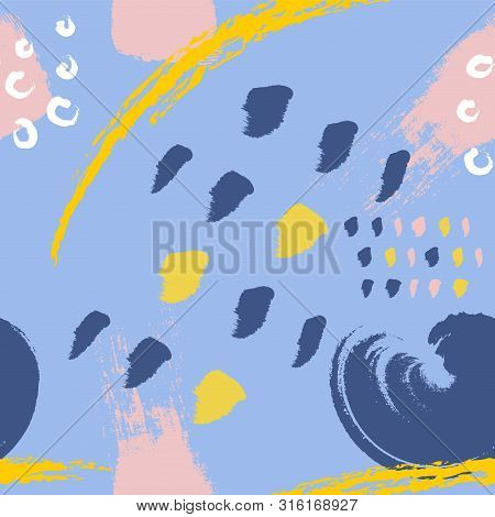 Cyan Brush Stokes Seamless Pattern Vector Background. Abstract Ornament.