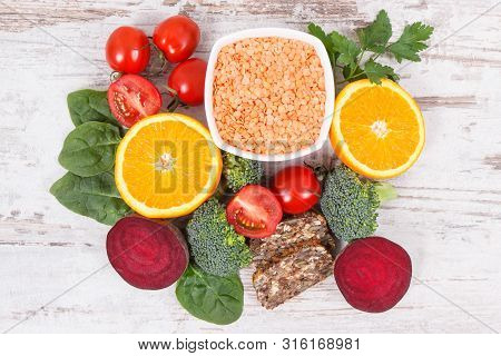Nutritious Products Containing Vitamin B9, Natural Sources Of Minerals And Folic Acid, Concept Of He