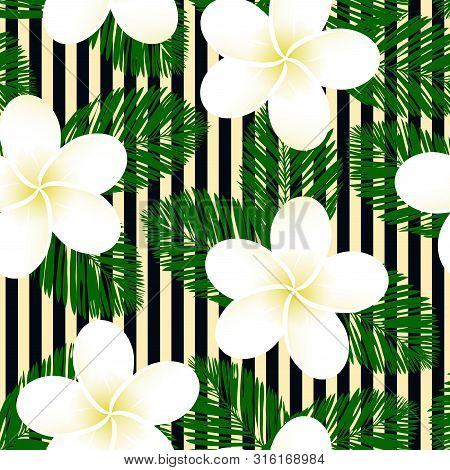 Pastel Striped Vector Tropical Pattern. Plumeria, Frangipani.