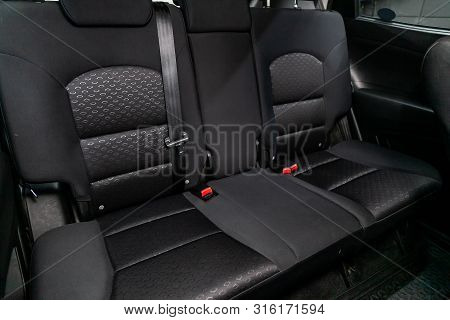 Novosibirsk, Russia - July 30, 2019:  Actyon Ssangyong, Close-up Of The Black  Rear Seats With Seats