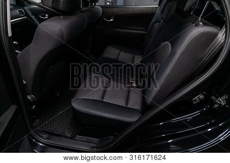 Novosibirsk, Russia - July 30, 2019:  Actyon Ssangyong, Close-up Of The Black  Rear Seats With Seats