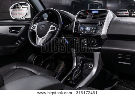 Novosibirsk, Russia - July 30, 2019: Lifan X60, Close-up Of The Dashboard, Player, Steering Wheel, A