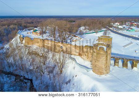 View Of The Ruins Of The Koporye Fortress On A Sunny February Morning (shooting From A Quadrocopter)