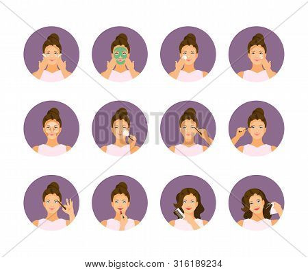 Woman Character And Stages Makeup Set. Skin Care. Vector Illustration