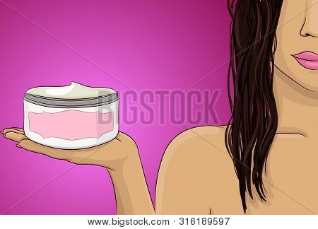 Woman With Wet Hairs Keep Bottle Of Mask Or Conditioner