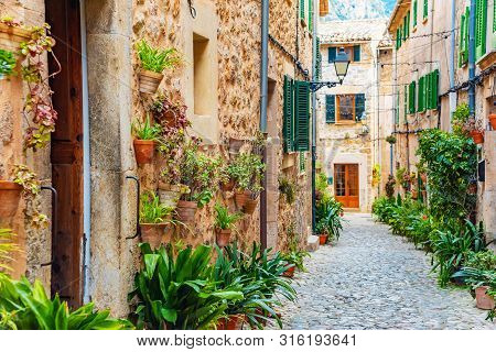 Street Of Valldemossa Old Mediterranean Village, Landmark Of Majorca, Spain Island