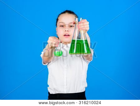 Science Research In Lab. Small School Girl. Education And Knowledge. Child Study Bilogy Lesson. Back
