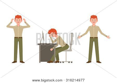 Sad, Exhausted, Miserable Office Guy In Green Pants Vector Illustration. Standing Unhappily, Sitting