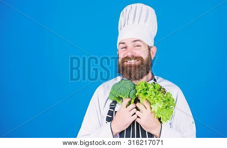 Great Food. Bearded Man Cook In Kitchen, Culinary. Vegetarian. Mature Chef With Beard. Dieting And O