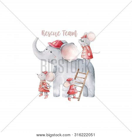 Cute Baby Safari Animal Elephant Beautiful And Little Mouses Watercolor Hand Drawn Illustration On W