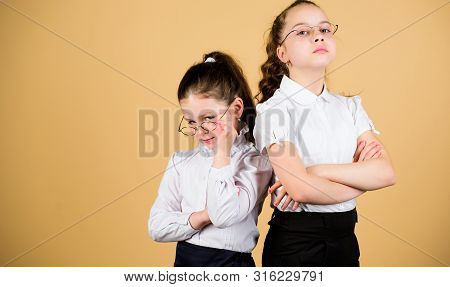 Friendship Forever. Back To School. Study Concept. Smart Small Girls At Lesson. Small Girls In Schoo