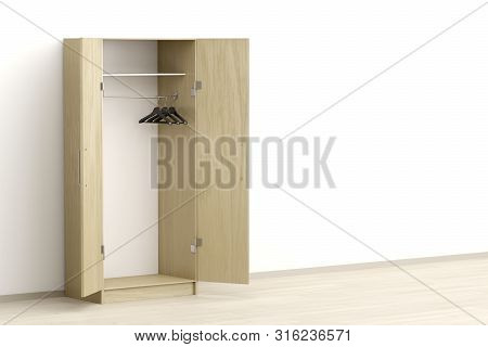 Opened Wardrobe With Empty Hangers In The Room, 3d Illustration