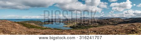 Panoramic View Over Ardvar, Loch Ardbhair And Islands Out To Sea On The North Coast Of Scotland