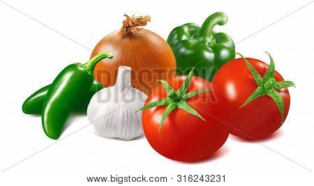 Tomato, Onion, Garlic And Green Hot Chili Pepper Isolated On White Background. Salsa Ingredients. Pa