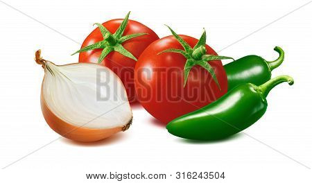 Tomato, Onion Half And Green Hot Chili Pepper Isolated On White Background. Package Design Element W