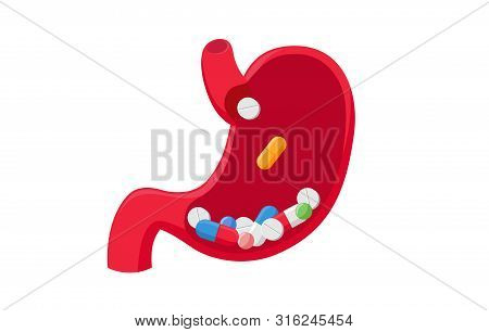 Pills Tablets In Human Stomach. Taking Medicine Orally. Medical Treatment Dependence On Medicines Co