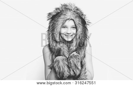 Winter Trends For Kids. Small Fashionista. Happy Child Smile In Fashion Style. Small Girl Wear Winte