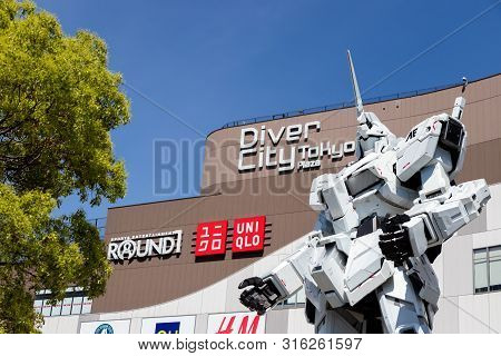 Tokyo, Japan - April 28, 2019, Rx-0 Unicorn Gundam Statue In Normal Mode Located At Diver City Tokyo