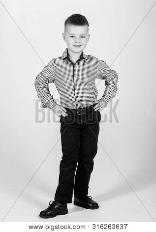 Business School. Upbringing And Development. Confident Boy. Little Boy Wear Formal Clothes. Cute Boy