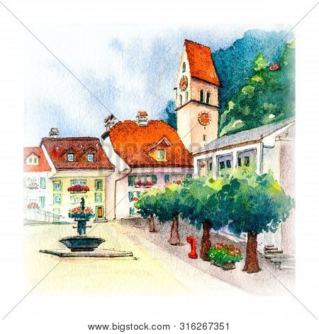 Square And Church In Old City Of Unterseen Interlaken, Switzerland