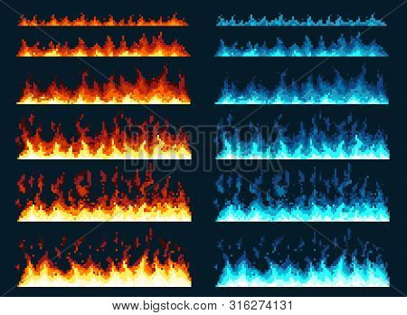 Pixel Art Fire. Game Icons Set. Comic Boom Flame Effects For Emotion. Blue And Red Flames.