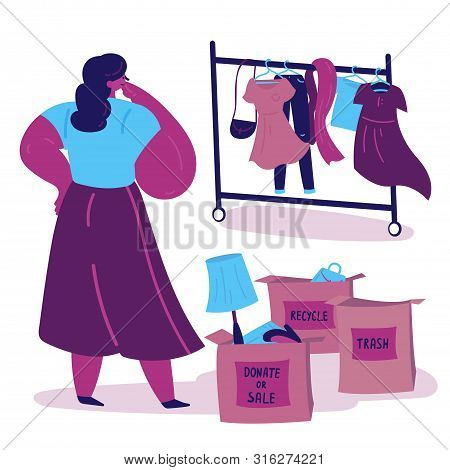 Young Woman Sorts Clothes And Things And Thinks In What Box To Put Them.three Boxes For Sorting With