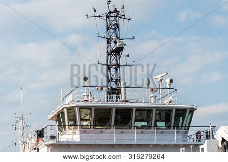 Ship Bridge For Navigation And Control. Cargo Ship Waiting For A Captain And Crew. Vessel Is Ready T