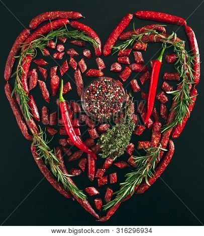 Hunting Sausages Sausages In A Heart Shape On A Dark Background.