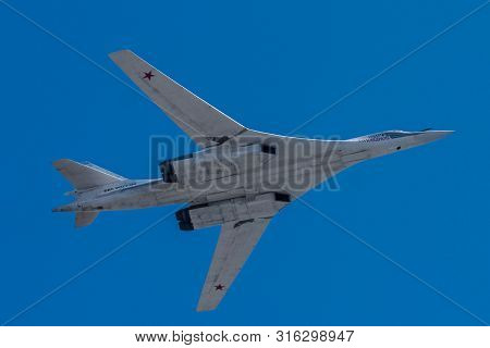 Moscow, Russia - May 09, 2014: Tu-160 Supersonic Strategic Bomber With Variable Sweep Wing. Aviation