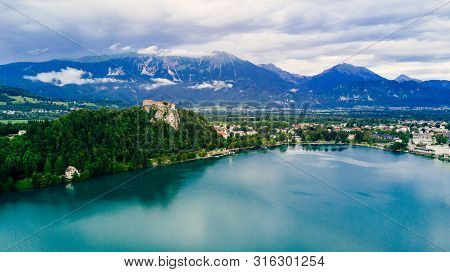 Bled, Slovenia. Aerial Drone View Of Lake Bled With The Pilgrimage Church Of The Assumption Of Maria