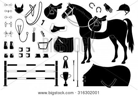 Vector Black Flat Set Of Horse Riding Equestrian Sport Equipment Isolated On White Background