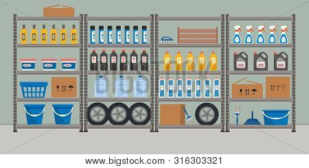 Storeroom. Shelving With Household Goods. Warehouse Racks. There Are Cardboard Boxes, Buckets, Brush