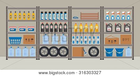 Storeroom. Shelving With Household Goods. Warehouse Racks. There Are Cardboard Boxes, Buckets, Brush
