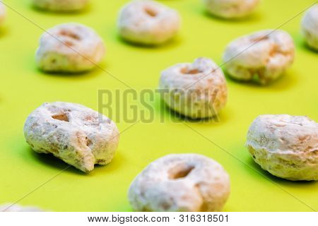 Delicious Donuts With Impalpable Sugar For Snack After Family School
