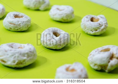 Delicious Donuts With Impalpable Sugar For Snack After Family School