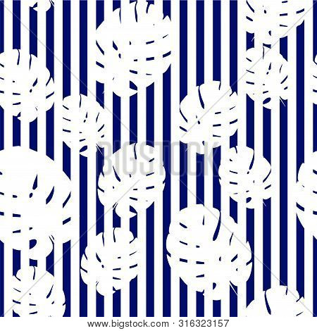 Seamless Blue Striped Vector Tropical Pattern. Plumeria, Frangipani.