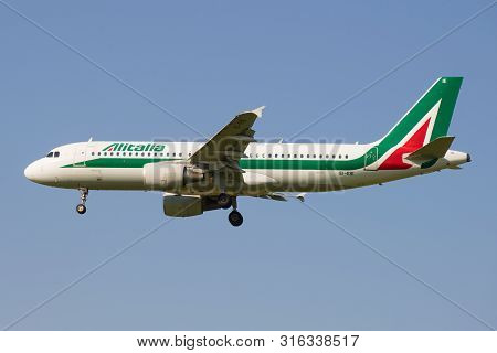 Saint Petersburg, Russia - May 13, 2019: The Airbus A320 (ei-eie) Of Alitalia Airline Close Up Again