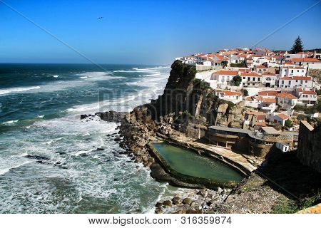 Azenhas Do Mar, Sintra, Lisbon, Portugal- March 19, 2019: Beautiful Azenhas Do Mar Village Perspecti