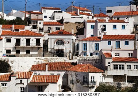 Azenhas Do Mar, Sintra, Lisbon, Portugal- March 19, 2019: Beautiful Narrow Streets, White Houses And