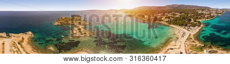 Panoramic Seascape. People Rest On The Beach, Yachts In The Bay. Summertime. Playa De Illetas Beach,