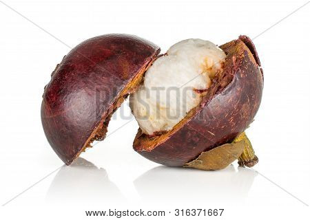 Group Of Two Halves Of Deep Purple Mangosteen One Cut In Half Isolated On White Background