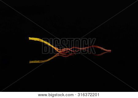 One Whole Dry Shaffron Thread Isolated On Black Glass