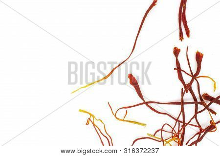 Lot Of Whole Dry Shaffron Thread Copyspace On Left Flatlay Isolated On White Background