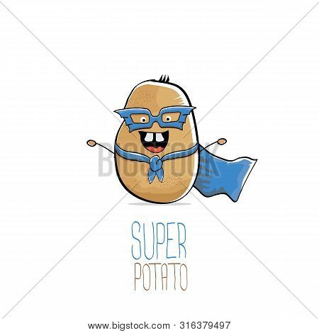 Vector Funny Cartoon Cute Brown Super Hero Potato With Blue Hero Cape And Hero Mask Isolated On Whit